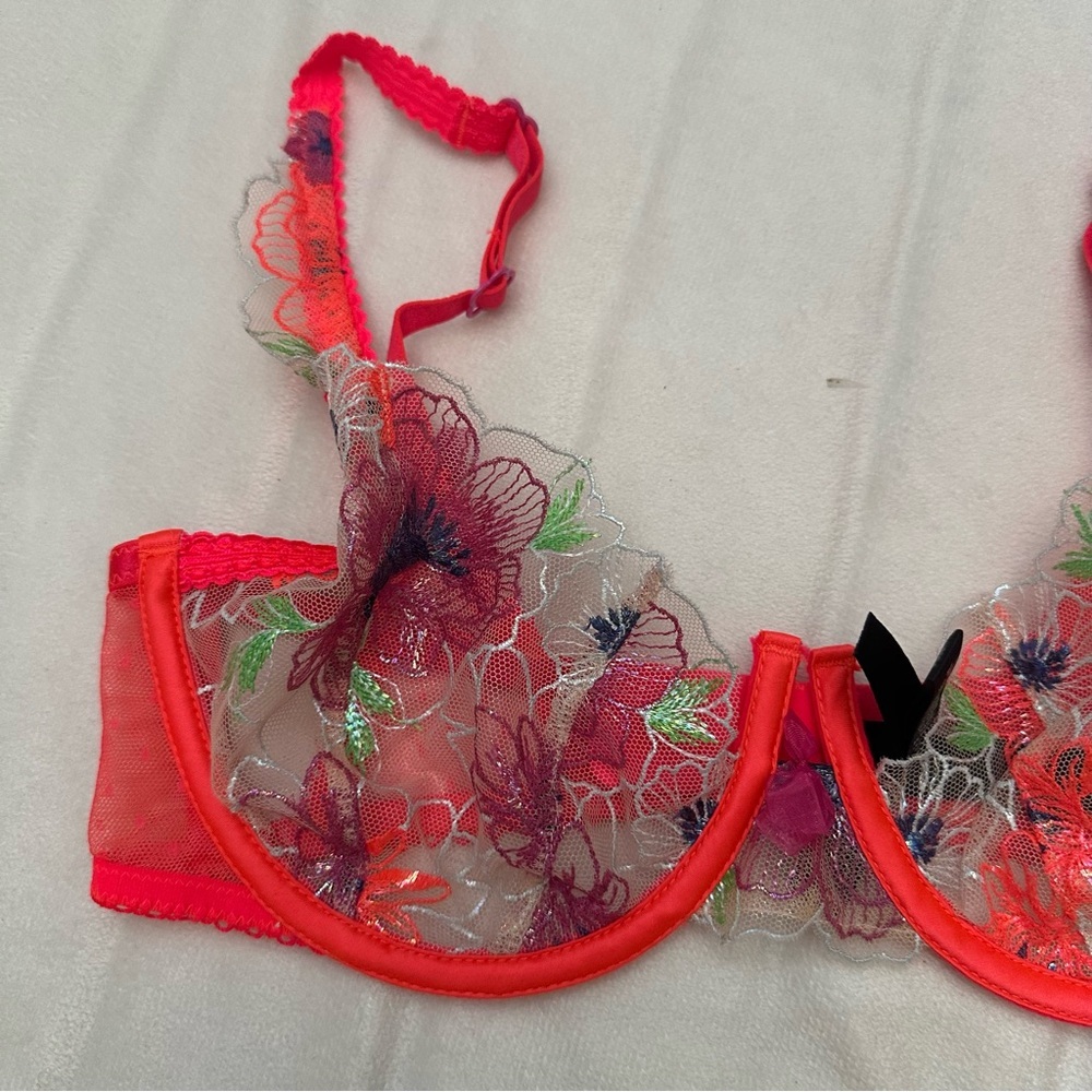 New! For Love and Lemons Shimmer Zinnia Bra neon coral floral 51391 - Picture 7 of 11